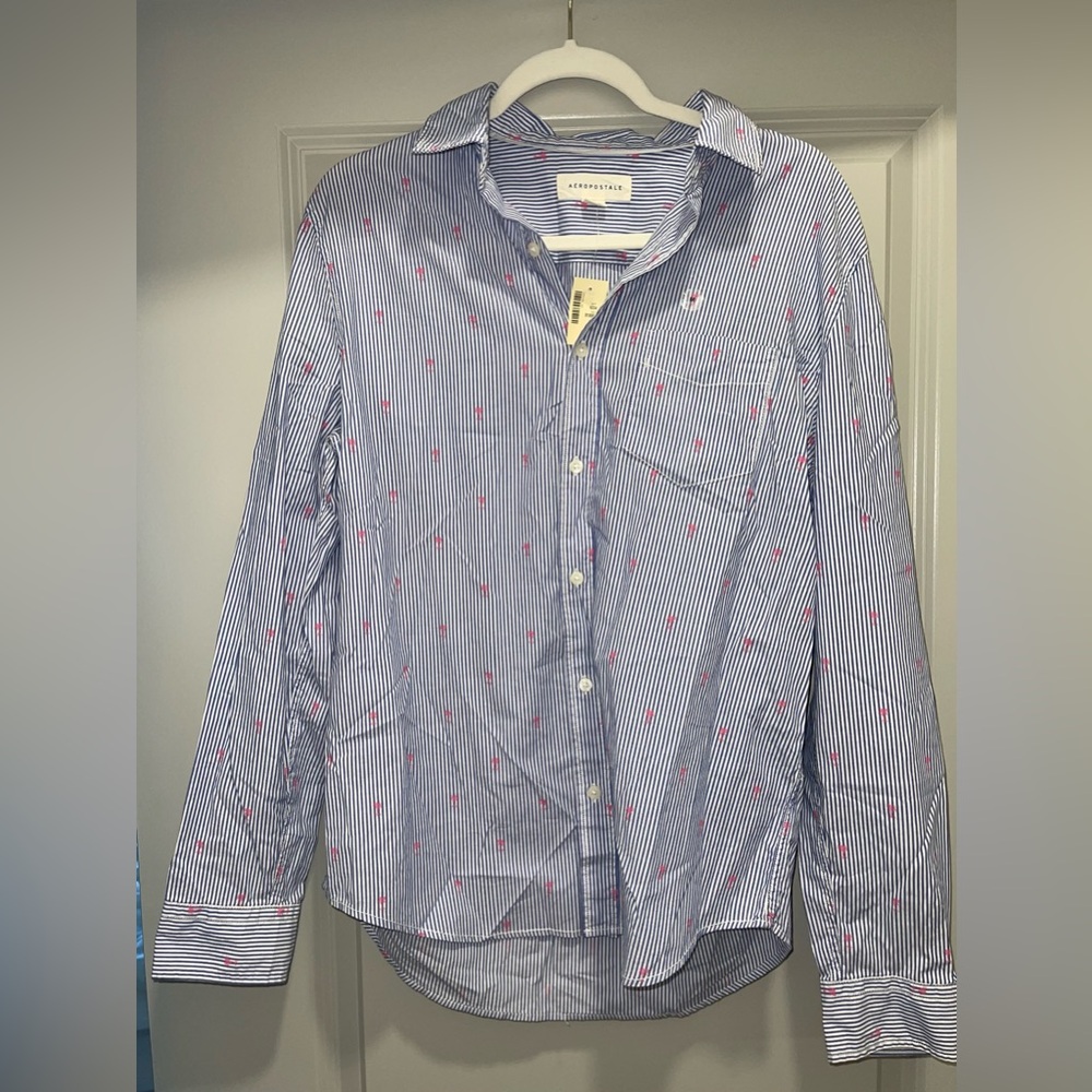 NWT Aeropostale Striped Blue White Striped Shirt with Pink Palm Trees